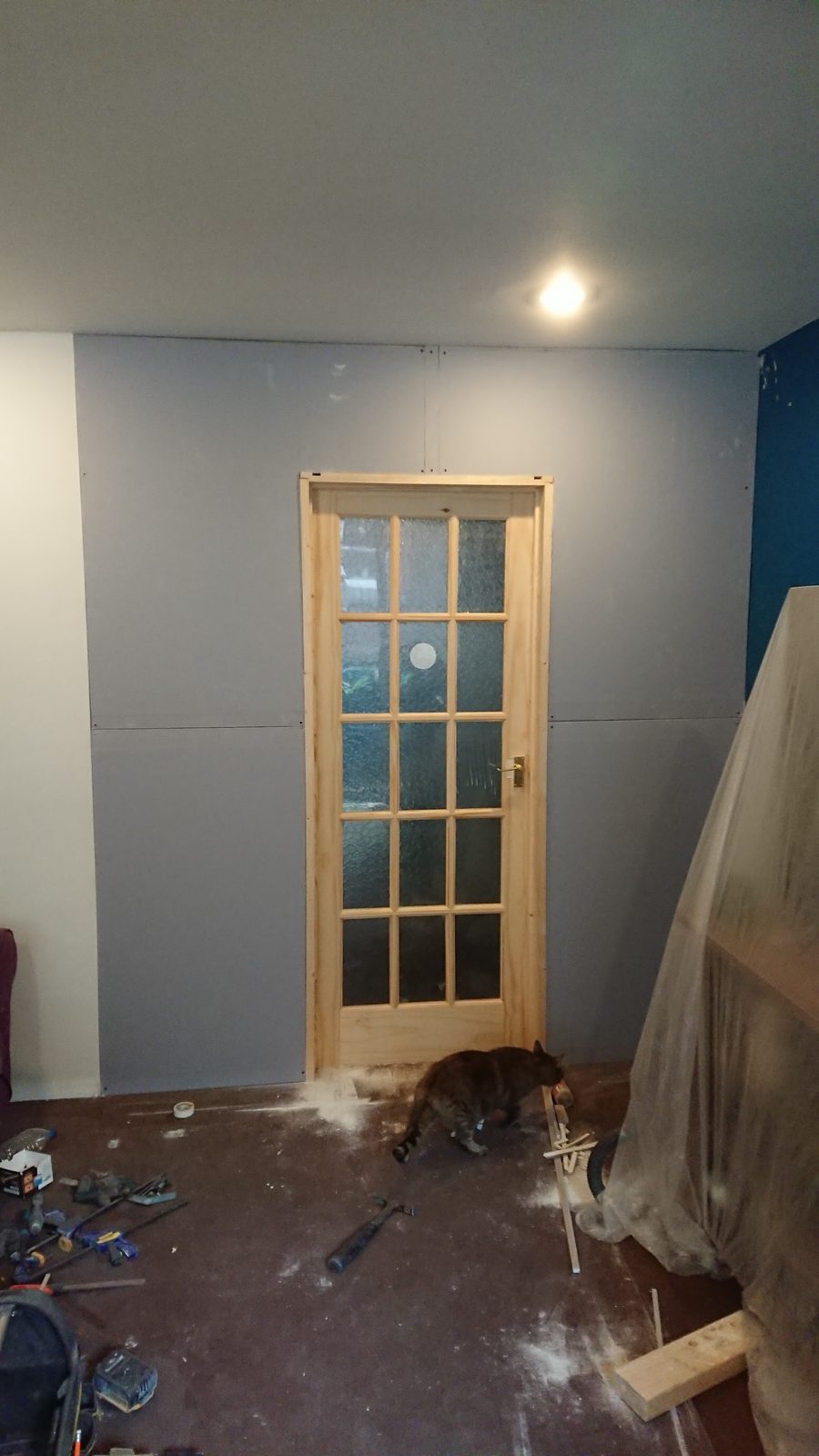 A new stud partition wall with a glazed pine door, part way through the job